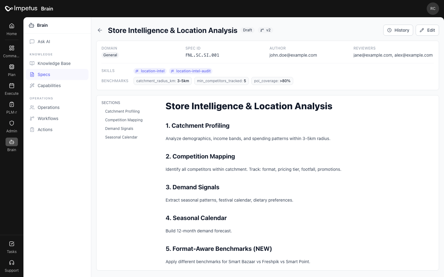 Store Intelligence spec with version, reviewers, linked skills, benchmarks and sections for catchment, competition and demand analysis.