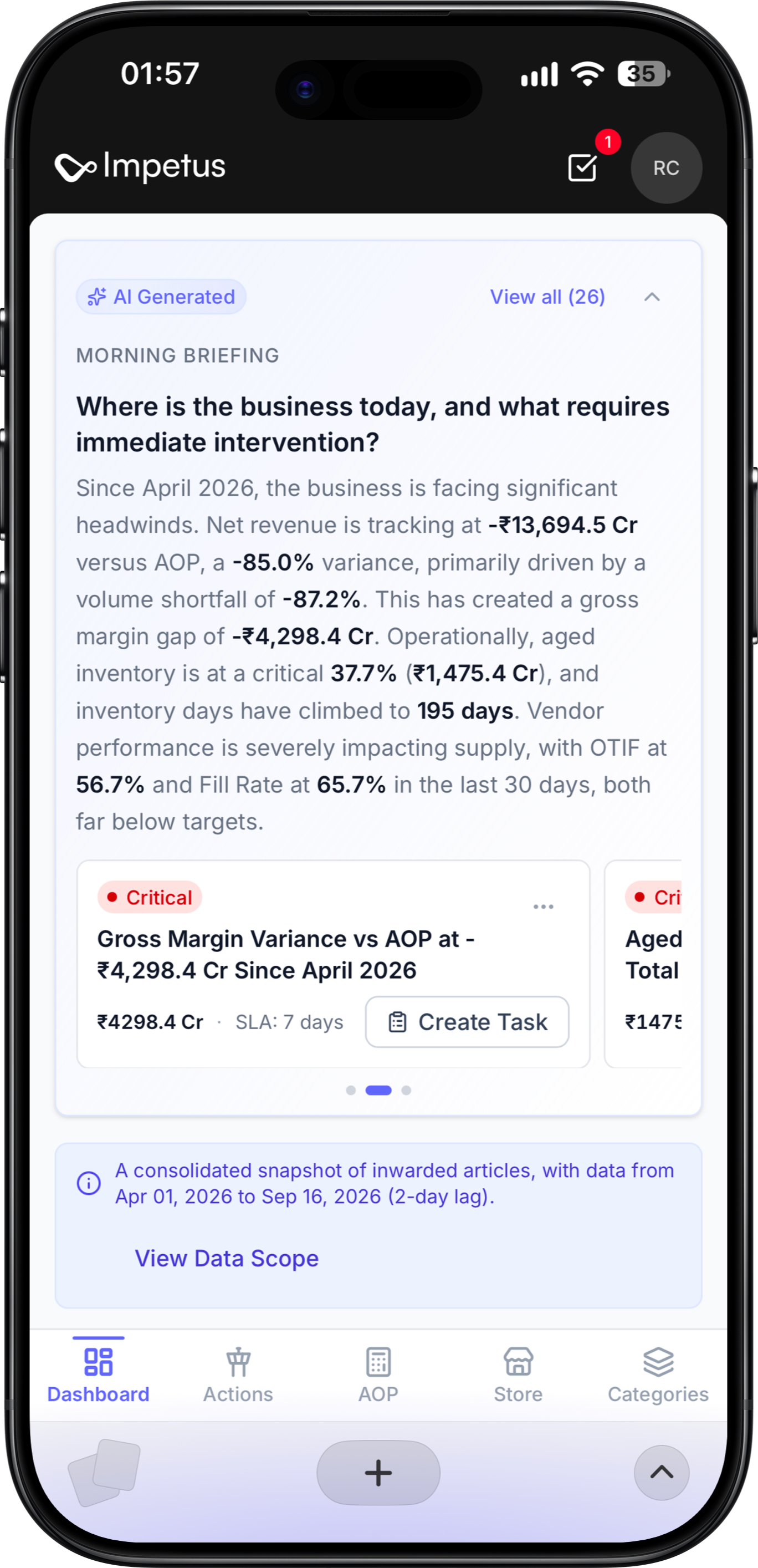 Impetus mobile morning briefing with business exceptions and bottom navigation in the supplied iPhone mockup.