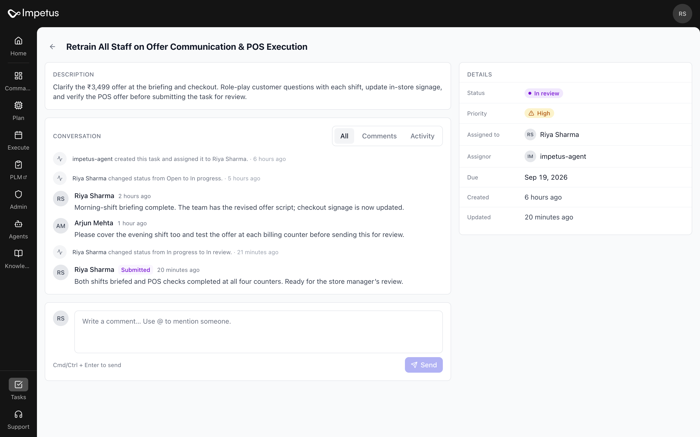 Task detail with sample data: three comments, creation and status-change activity, a named owner, due date and In review status.