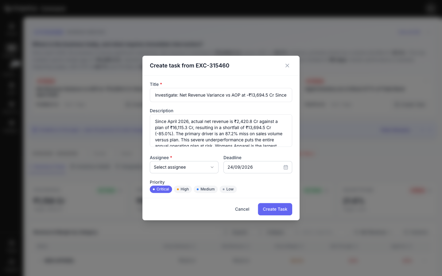 Desktop task creation from an exception, with an editable title and description, assignee, deadline and priority.