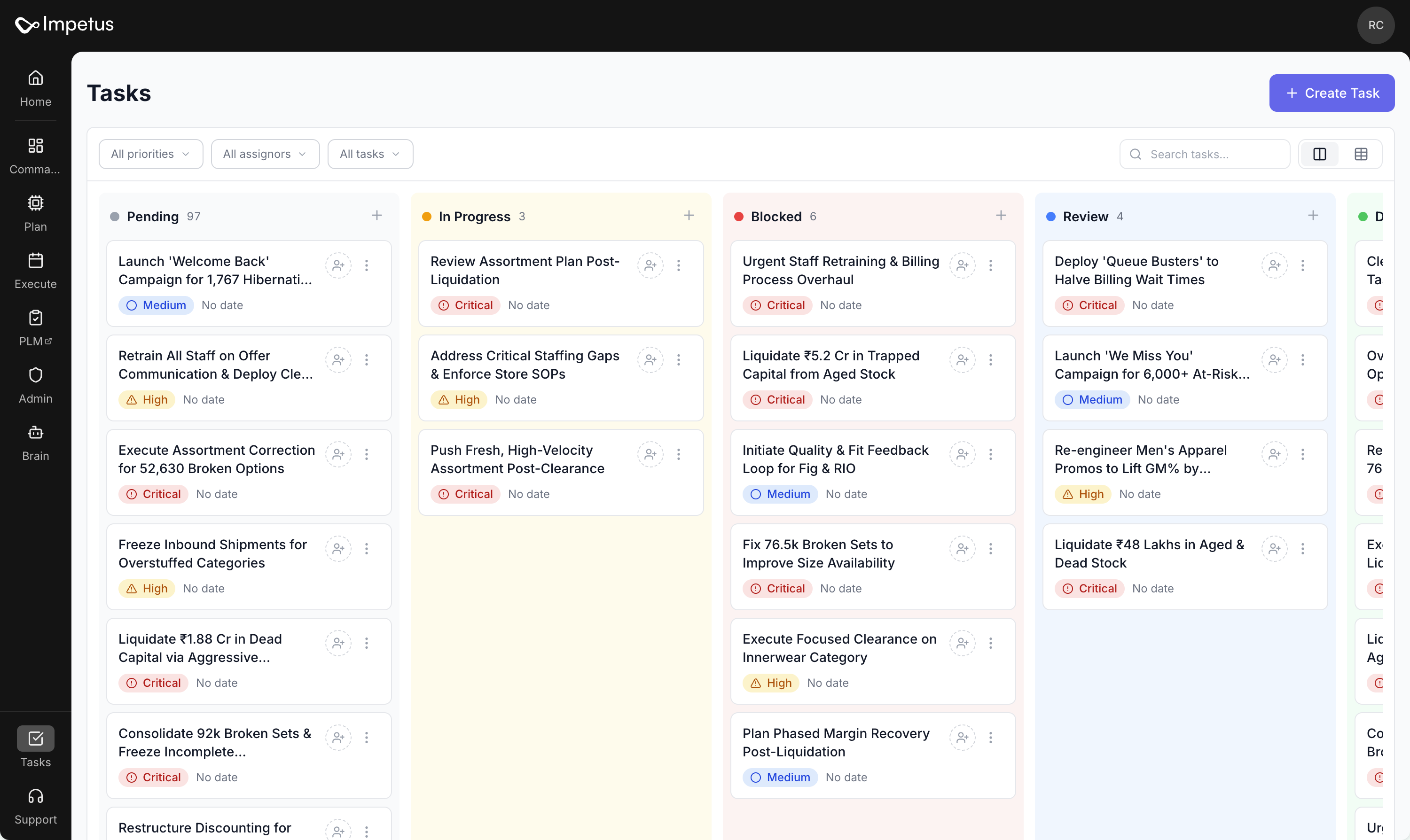 Desktop Tasks Kanban board with task cards in Pending and adjacent In Progress, Blocked and Review columns, plus priority filters and search.