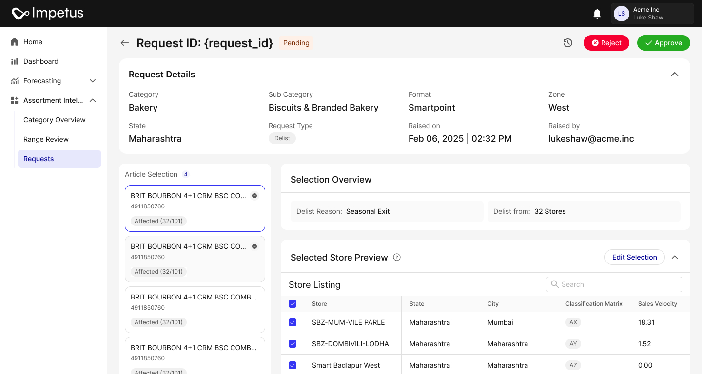 Pending article delisting request with business scope, article selection, reason, affected-store preview, Edit Selection, Approve and Reject actions.