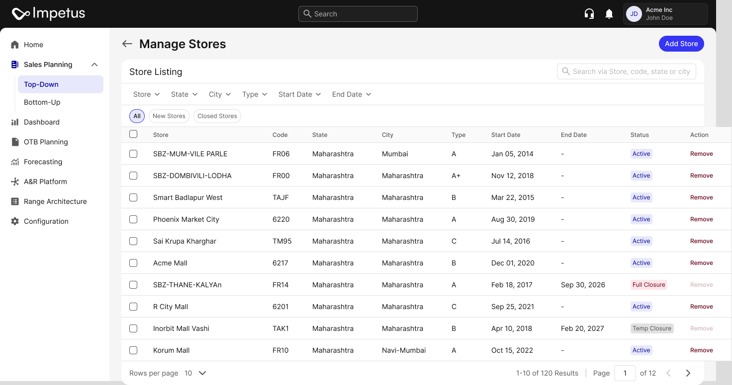 Manage Stores listing with active, full closure and temporary closure statuses, start and end dates, filters and Add Store.