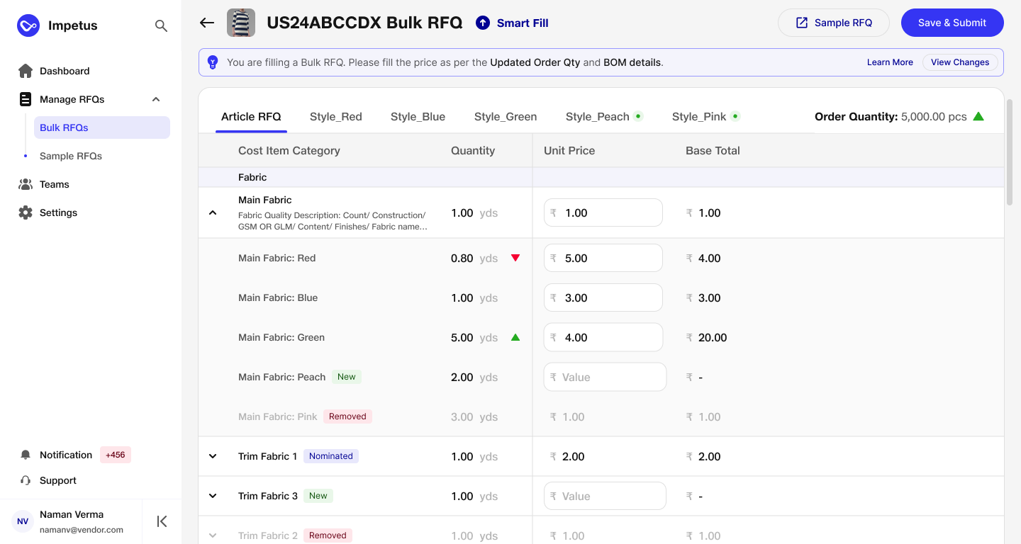 Bulk RFQ retains existing prices, distinguishes new and removed BOM items, flags changed quantities, and offers View Changes and a link to the Sample RFQ.