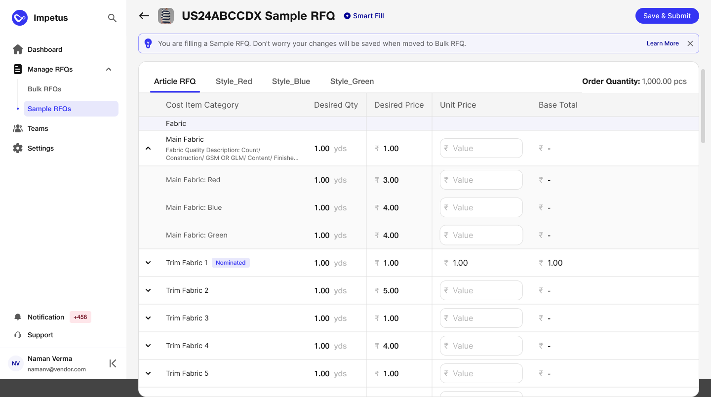 Sample RFQ form showing desired quantities and prices beside vendor unit-price inputs, with a message that changes will be saved when moved to bulk.