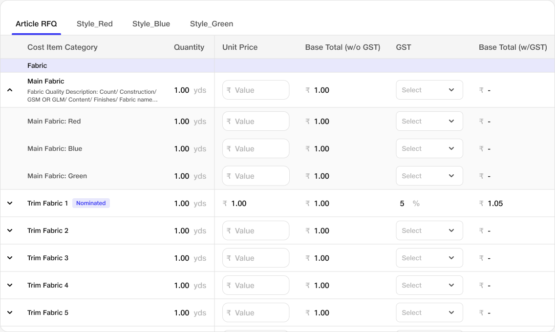 Vendor RFQ design with article and colour tabs, unit-price inputs, GST and calculated totals.