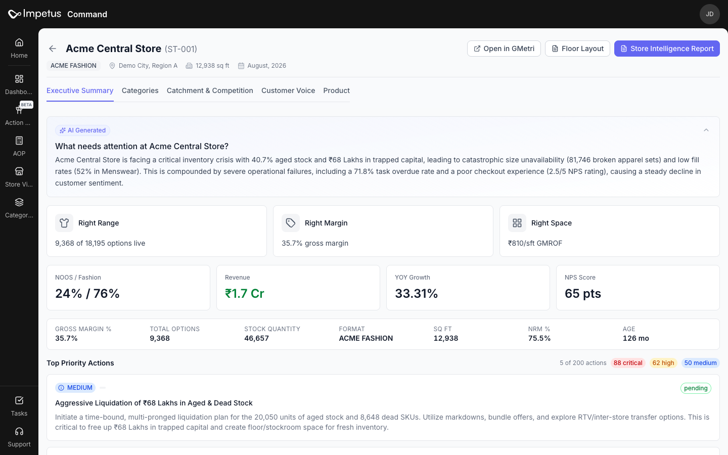 Preview of the Store Intelligence workspace with an executive summary and store performance metrics