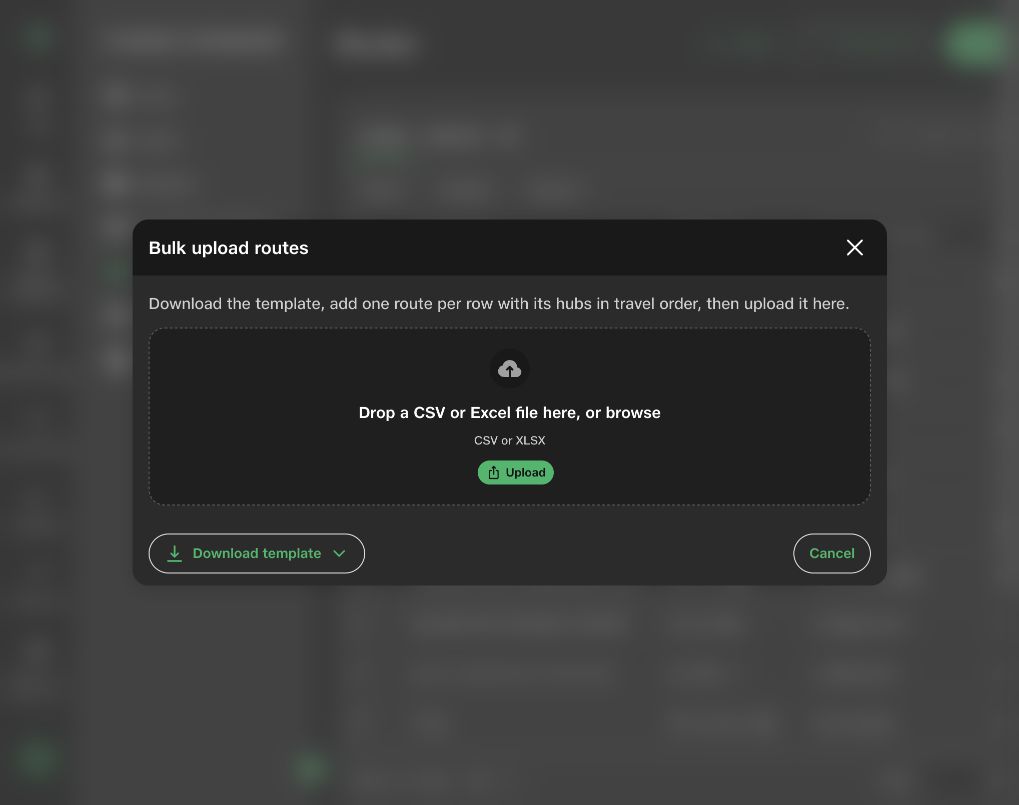 Live TMS bulk route upload dialog with template download, file requirements, and upload action