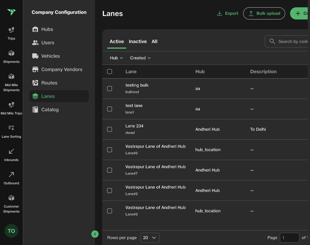 Live TMS lanes inventory with hub filters, status tabs, lane details, and row-level editing