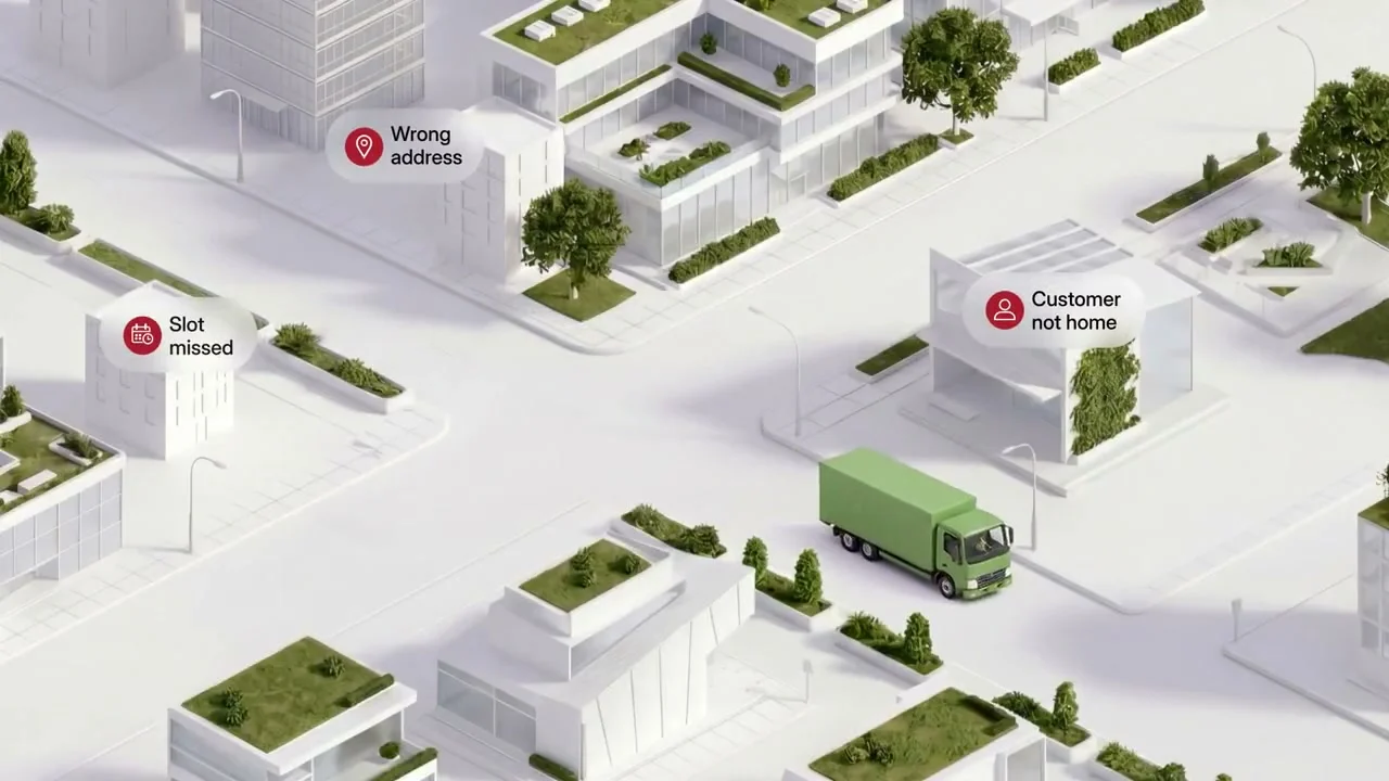 Fynd’s illustrated delivery network: a green truck moves through city streets, with address, delivery-slot and customer-availability exceptions marked along the way.
