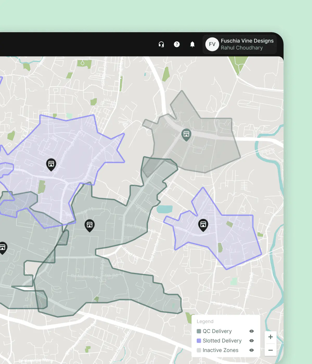 Fynd TMS map with polygon delivery zones around stores, distinguishing quick-commerce delivery, slotted delivery and inactive zones.